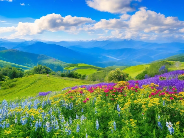 wunderschöne Blumen in den Bergen mit natürlicher Schönheit des blauen Himmels