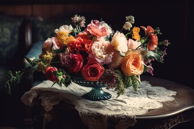 Wunderschöne Blumenstraußkomposition, die in einer Vase auf dem Tisch steht