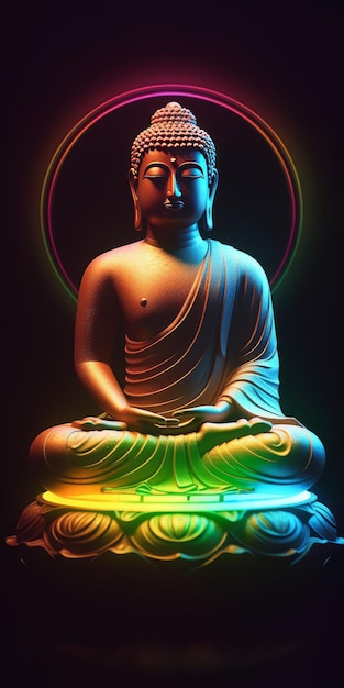 Wunderschöne Buddha-Statue mit RGB-Halo-Ring hinter ihm, generative KI