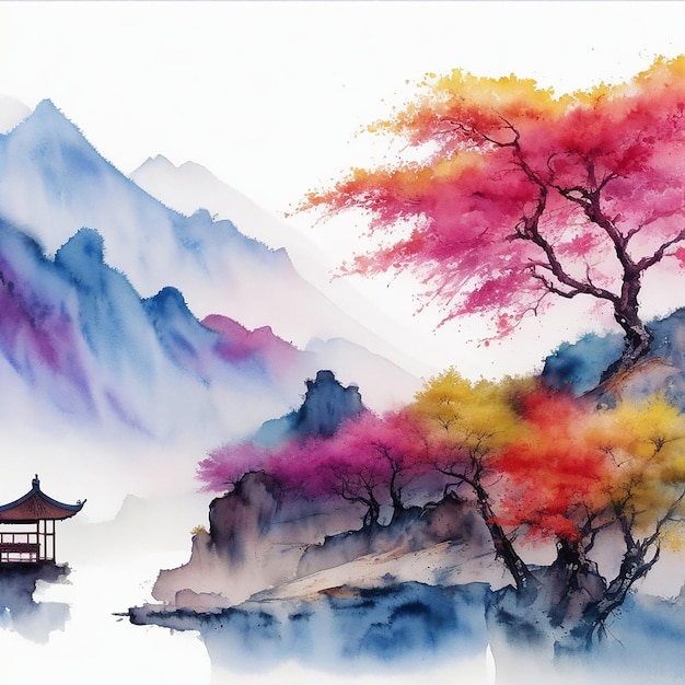 Wunderschöne chinesische farbenfrohe Landschaft und Bergblick, Aquarell, Landschaftsmalerei, Illustration