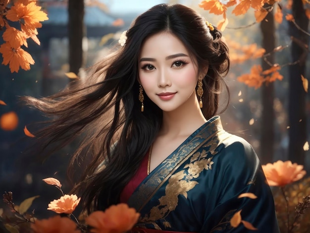 wunderschöne chinesische Kleidung, porträthaftes Lächeln und herbstliches Flair