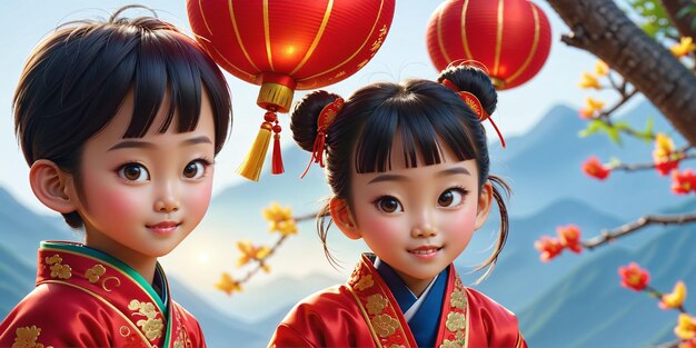 Wunderschöne chinesische Neujahrsillustration mit zwei lächelnden Kindern in nationaler Festkleidung mit roten Himmelslaternen und anderen Feiertagssymbolen. Generative KI