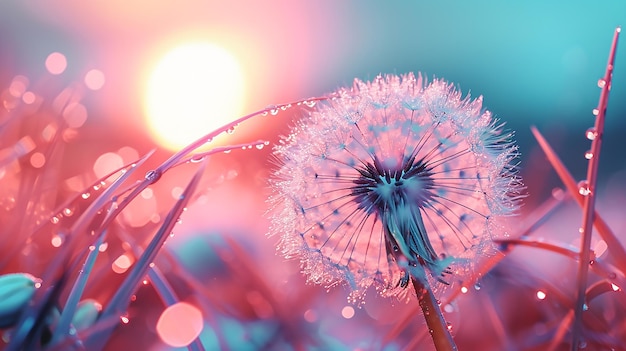 Foto wunderschöne dandelion-close-up mit taustropfen gegen den hintergrund des sonnenuntergangs