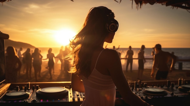 Wunderschöne DJ-Frau auf einer Strandparty bei Sonnenuntergang. Unbeschwertes Leben auf einer paradiesischen Insel. KI generiert