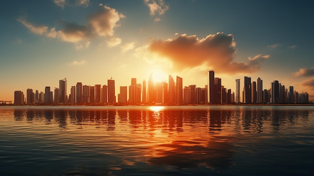 Wunderschöne Dubai-Szene mit morgendlichem Stadtbild mit Sonne in Sharjah, Vereinigte Arabische Emirate