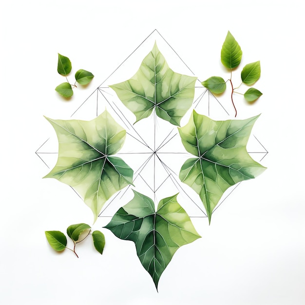 Foto wunderschöne efeublätter mit einem geometrischen muster, aquarell-clipart-illustration
