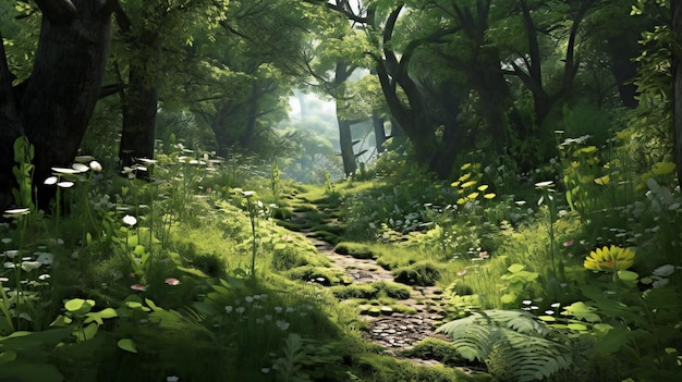 Wunderschöne Fantasielandschaft mit einem Pfad im Wald