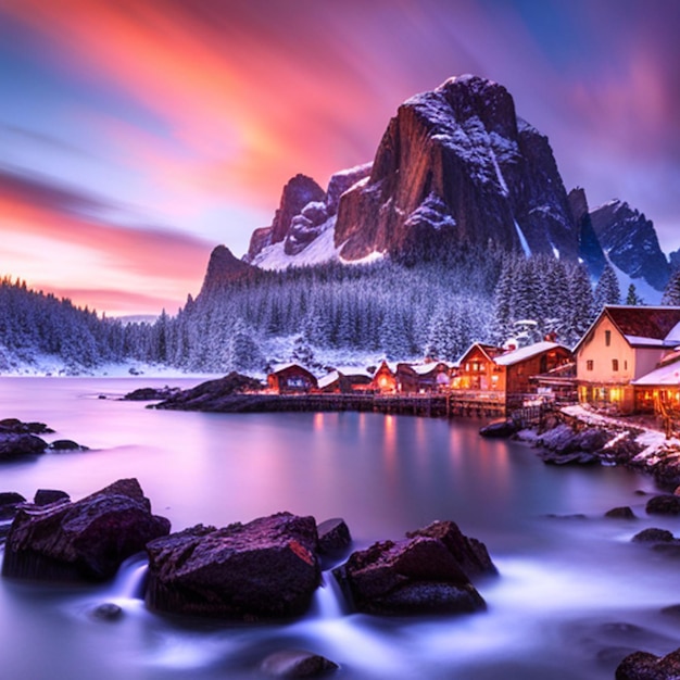 Wunderschöne, fantasievolle lila Landschaft mit kanadischen Rocky Mountains