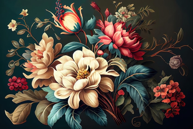Wunderschöne Fantasy-Vintage-Tapete mit verschiedenen botanischen Blumenstrauß-Vintage-Motiven für Blumendruck