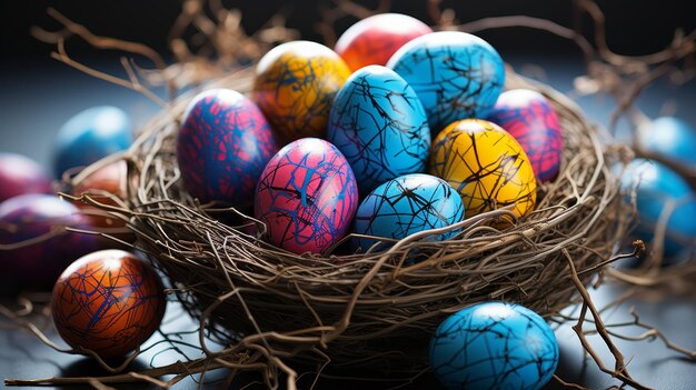 Wunderschöne farbenfrohe gestreifte Eier im Nest Eine kreative frohe Osterkarten