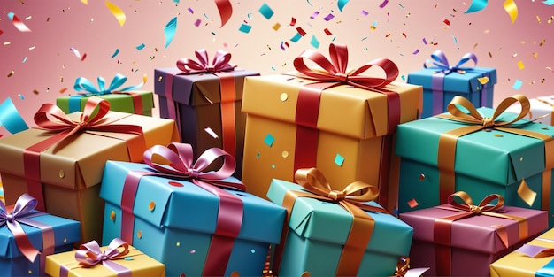 Foto wunderschöne feiertagsillustration mit vielen farbigen geschenkboxen und konfetti. generative ki