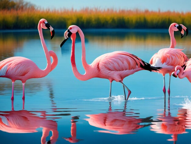 Wunderschöne Flamingos im See ai erzeugt