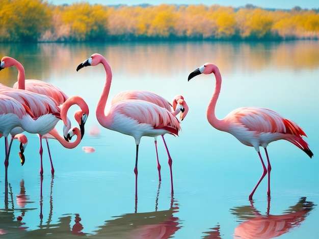 Wunderschöne Flamingos im See ai erzeugt