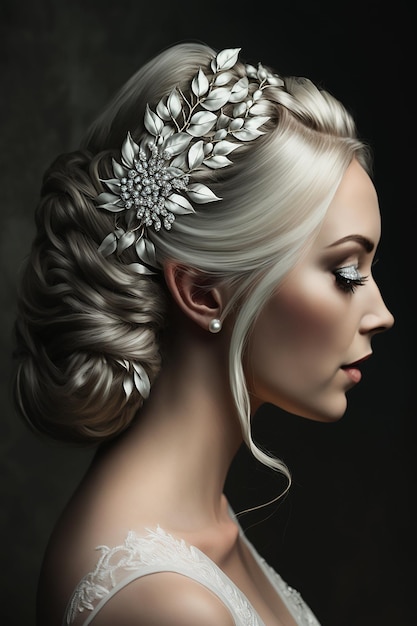 Wunderschöne Flechtfrisur mit grauem Haar, elegante Brautfrisur mit Blumen. Generative Ai