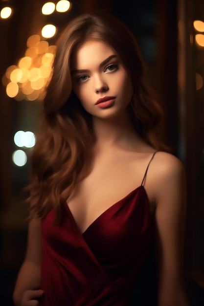 Wunderschöne Frau im roten, eleganten Partykleid