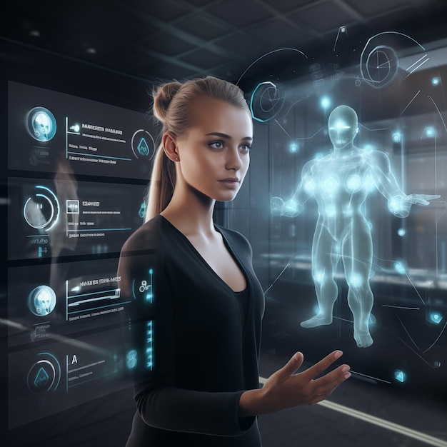 Wunderschöne Frau interagiert mit einer futuristischen holographischen Schnittstelle Generative KI