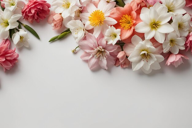 Foto wunderschöne frühlingsblumen auf weißem hintergrund obersten blick platz für text