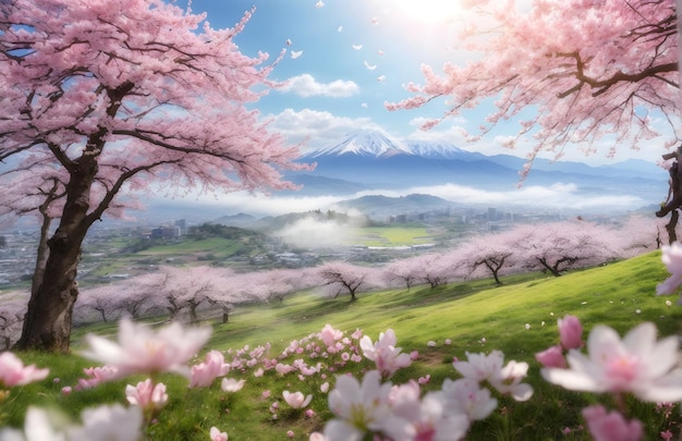 Wunderschöne Frühlingslandschaft vom Gipfel des Berges mit fallenden Kirschblüten