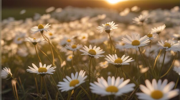 Wunderschöne Gänseblümchen auf der Wiese bei Sonnenuntergang