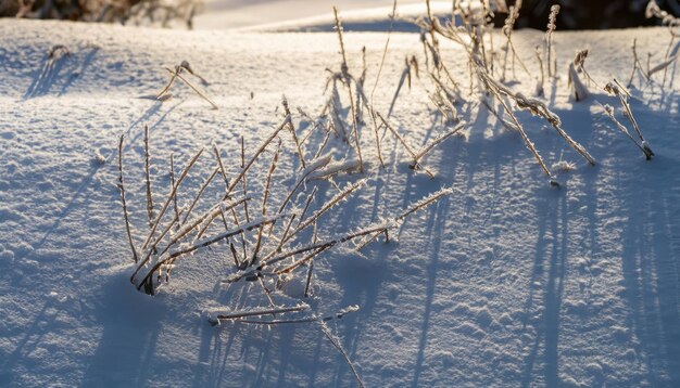 Wunderschöne gefrorene Gräser in der Wintersonne mit langen Sonnenschatten auf verschneiten Winterlandschaften