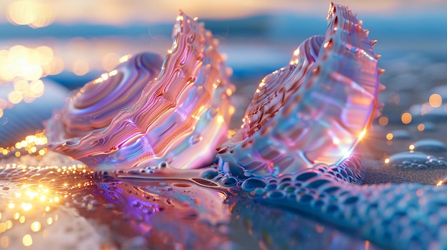Wunderschöne, glänzende rosa-blaue Muscheln am Meerstrand. KI-generiertes Bild