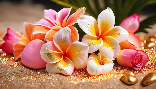 wunderschöne Glitterstaubrosen und Plumeria frangipani am Strand mit Kieselsteinen