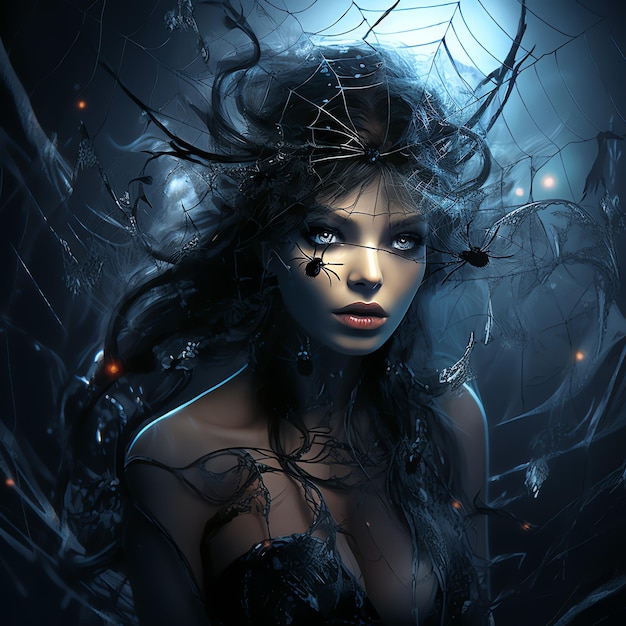 wunderschöne gotische schwarze Spinnennetz auf dunkler Feen-Clipart-Illustration