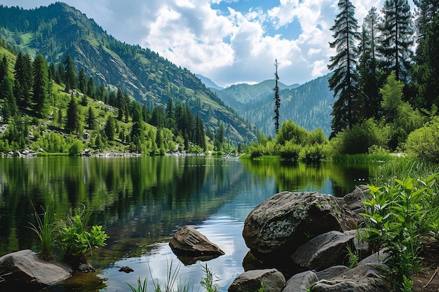 Wunderschöne grüne Landschaft mit vielen Bergen unter bewölktem Himmel