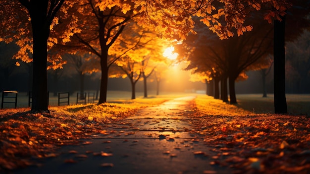Wunderschöne Herbstlandschaft. Bunte saisonale Herbst-Hintergrundtapete. Generative KI