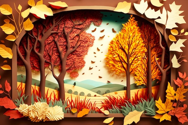 Wunderschöne Herbstlandschaft in Wald- und Baumkunstpapiercollage, die mit generativer KI erstellt wurde