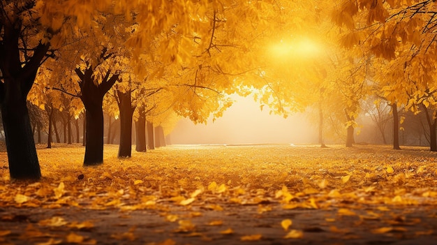 wunderschöne Herbstlandschaft mit gelben Bäumen und Sonnenlicht