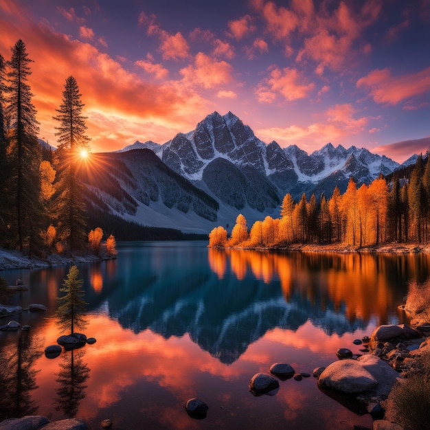 wunderschöne Herbstlandschaft mit See und Bergen wunderschönes Herbstlandschaften mit See und Mo