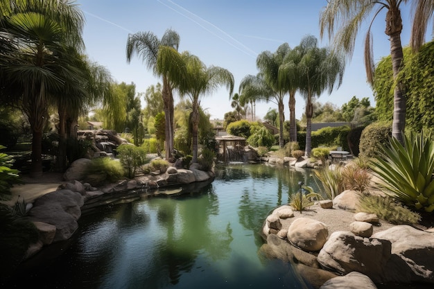 Wunderschöne Hinterhofoase mit hoch aufragenden Palmen, einem ruhigen Teich und Wasserfällen