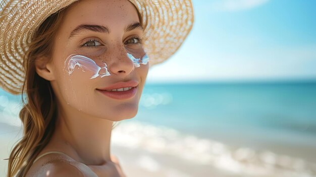 Wunderschöne junge Damen mit Hüten am Strand, die sich Feuchtigkeitscreme auf die Haut legen, vor einem verschwommenen Hintergrund für Text Generative KI