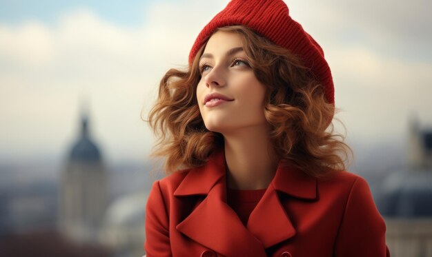 Wunderschöne junge Frau in rotem Berett und rotem Mantel in Paris im französischen Retro-Stil