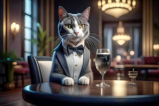 Wunderschöne Katze in einem wunderschönen Interieur mit einem Glas Wein Romantik und Glückwunsch