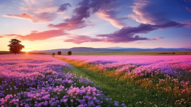 Wunderschöne ländliche Landschaft mit blühenden lila Blumen