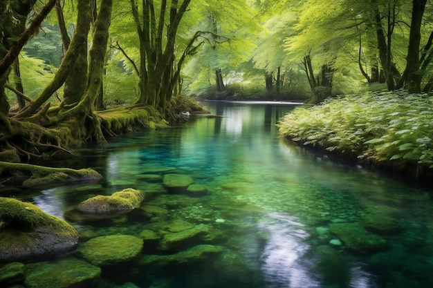 Wunderschöne Landschaft aus grünem Wald mit fließendem Fluss und blauem Himmel im Hintergrund