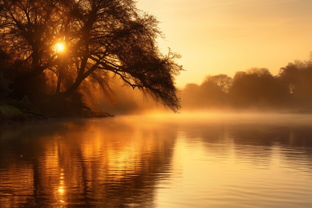 Foto wunderschöne landschaft eines meeres mit bäumen und einem wunderschönen sonnenuntergang friedliche landschaften