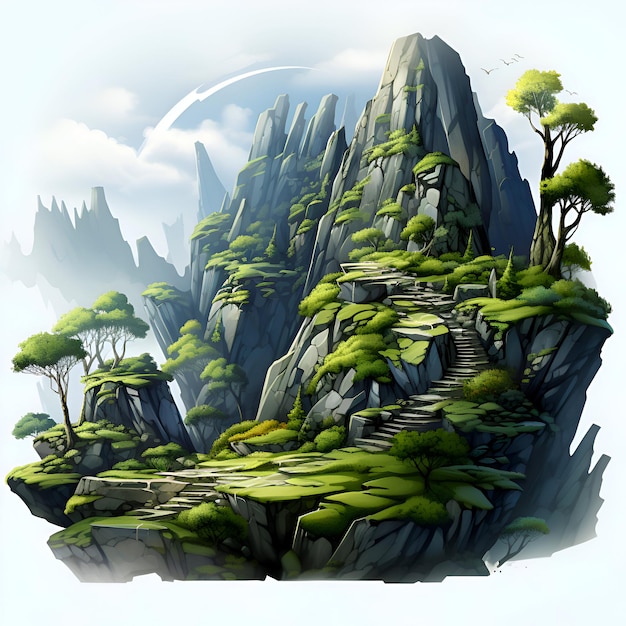 Wunderschöne Landschaft mit Bergen und Bäumen. Digitale Kunstmalerei-Illustration