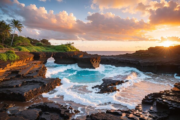 Wunderschöne Landschaft mit Felsformationen am Meer bei Queens Bath, Kauai, Hawaii bei Sonnenuntergang