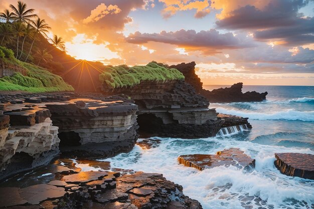 Wunderschöne Landschaft mit Felsformationen am Meer bei Queens Bath, Kauai, Hawaii bei Sonnenuntergang