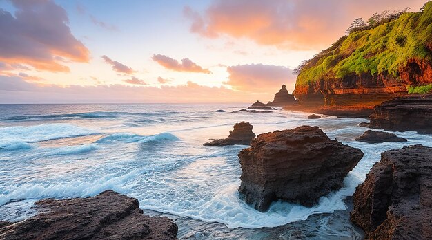 Wunderschöne Landschaft mit Felsformationen am Meer bei Queens Bath, Kauai, Hawaii bei Sonnenuntergang