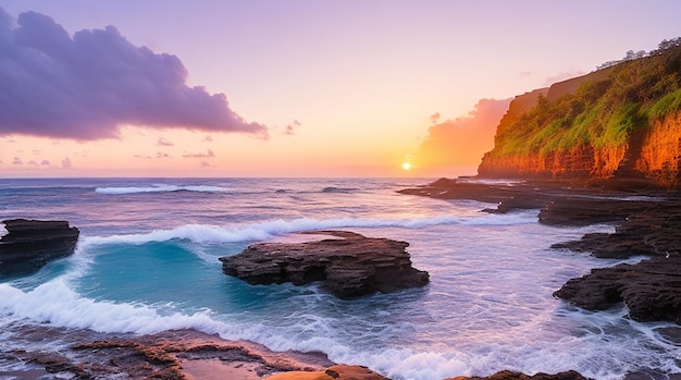 Wunderschöne Landschaft mit Felsformationen am Meer bei Queens Bath, Kauai, Hawaii bei Sonnenuntergang