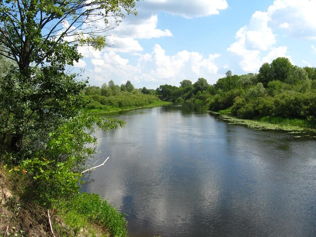 Wunderschöne Landschaft mit Fluss und weißen Wolken