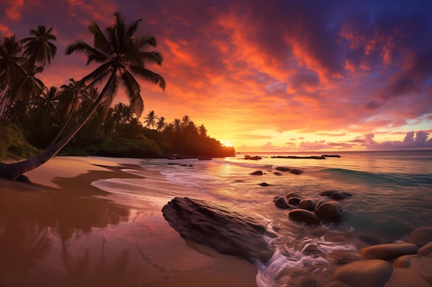 Wunderschöne Landschaft mit Palmen am Strand und Sonnenuntergang über dem Meer