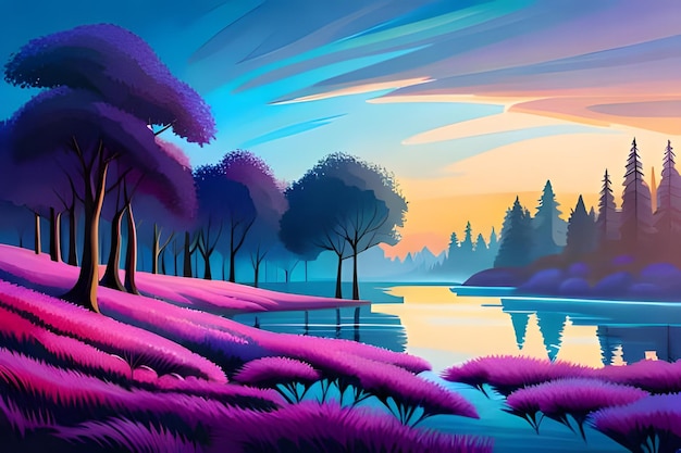 Wunderschöne Landschaft mit Seewald und violettem Himmel. Abstrakte Illustration der Vektorillustration