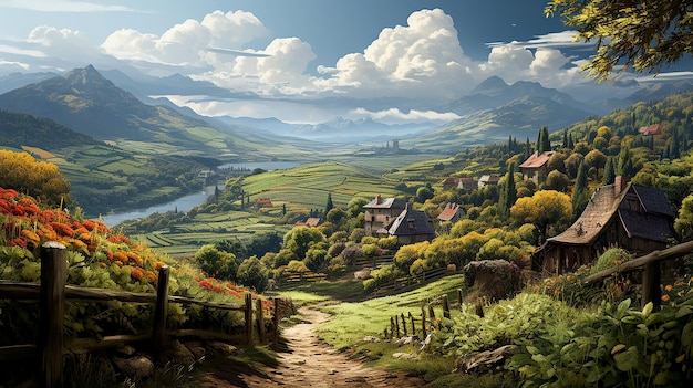 Wunderschöne landwirtschaftliche Landschaft mit Herbstfeldern auf den Hügeln. Stilisierte Illustration der ökologischen Landwirtschaft, generiert durch KI