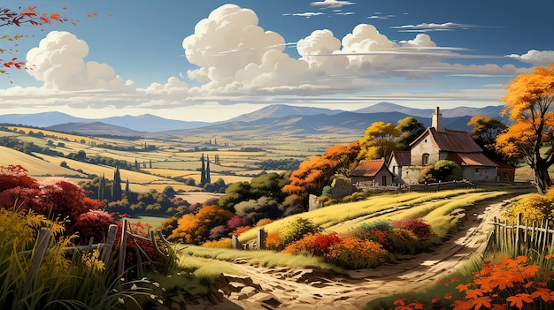 Wunderschöne landwirtschaftliche Landschaft mit Herbstfeldern auf den Hügeln. Stilisierte Illustration der ökologischen Landwirtschaft, generiert durch KI