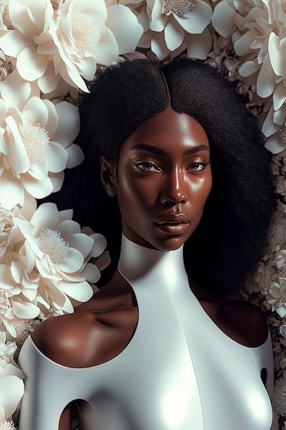 Wunderschöne, leuchtende, schwarze junge Frau in einem weißen, eleganten Outfit, umgeben von dicken, großen, weißen Blumen, AIGenerated
